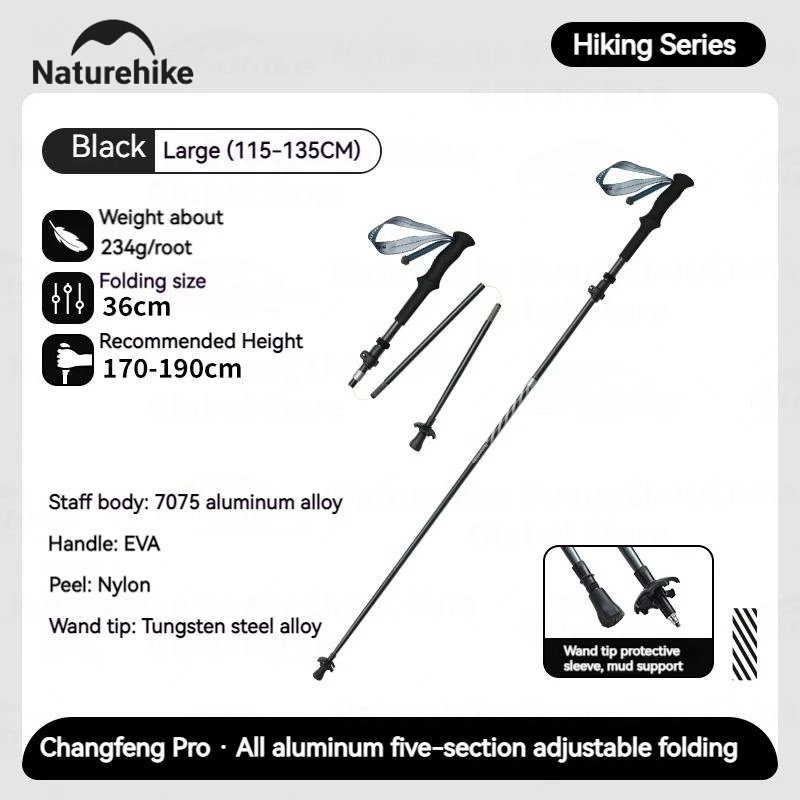 Black-Large 1pcs_Natureheak New Hiking 5-Section Climbing Stick Carbon Fiber Aluminum Alloy Folding 