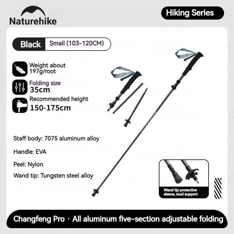 Black-Small 1pcs_Natureheak New Hiking 5-Section Climbing Stick Carbon Fiber Aluminum Alloy Folding 