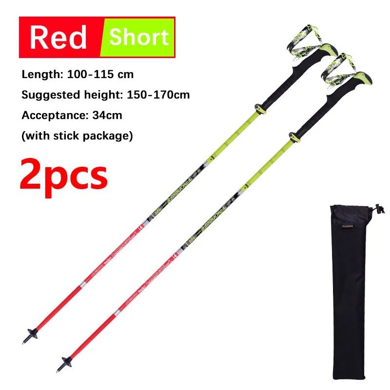 2pcs Red short_Carbon Fiber Folding Walking Stick 5 sections Adjustable Lightweight Mountain-climbin