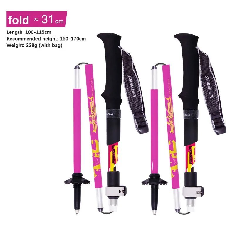 rose red_2pcs Walking Stick Folding 5 sections Trekking Poles (2 Carbon Fiber +3 Aluminium alloy) Mo