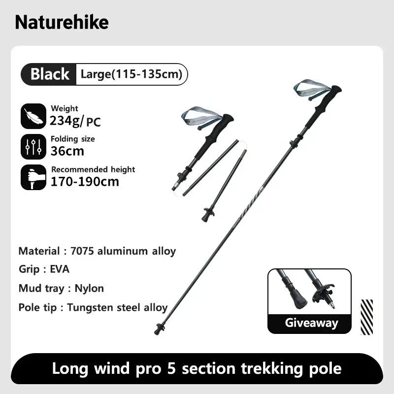 Black Large 1 pc_Naturehike Walking Stick Ultralight Foldable 5-section Carbon Aluminium Alloy Hikin