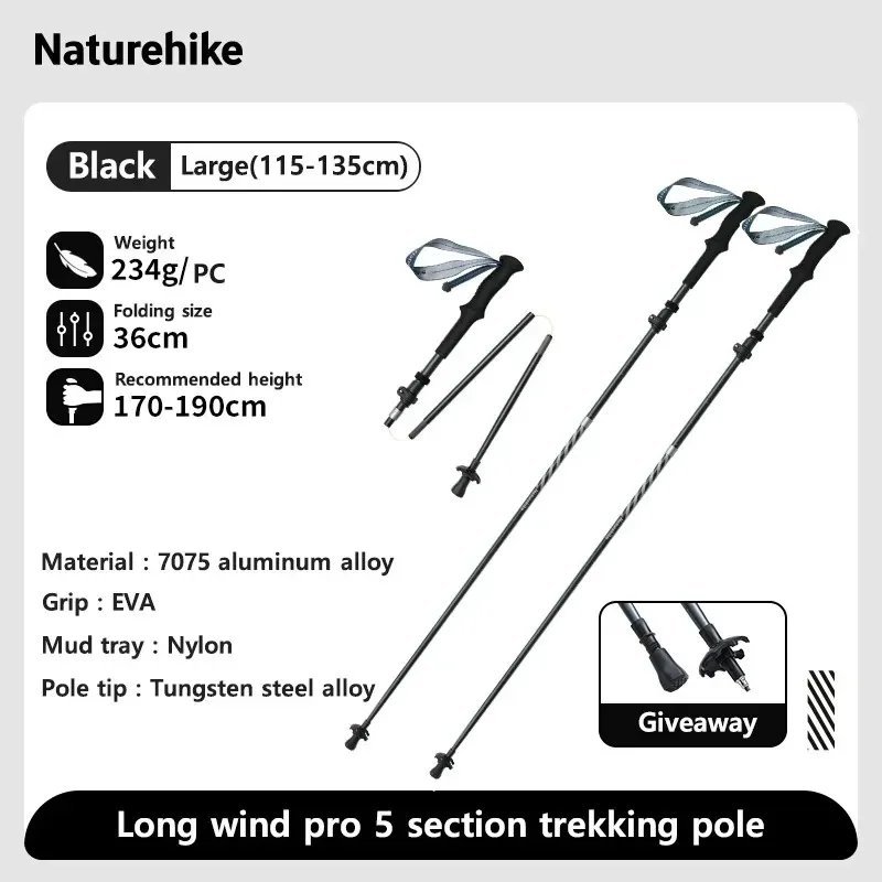 Black Large 2 pcs_Naturehike Walking Stick Ultralight Foldable 5-section Carbon Aluminium Alloy Hiki