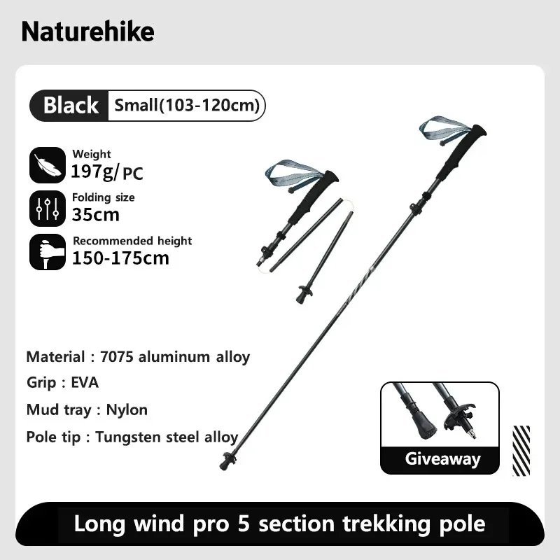 Black Small 1 pc_Naturehike Walking Stick Ultralight Foldable 5-section Carbon Aluminium Alloy Hikin