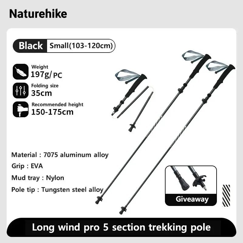 Black Small 2 pcs_Naturehike Walking Stick Ultralight Foldable 5-section Carbon Aluminium Alloy Hiki