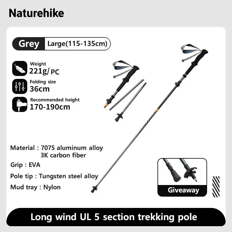 Grey Large 1 pc_Naturehike Walking Stick Ultralight Foldable 5-section Carbon Aluminium Alloy Hiking