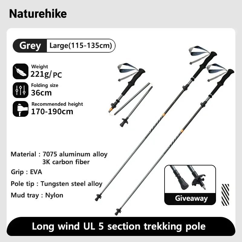 Grey Large 2 pcs_Naturehike Walking Stick Ultralight Foldable 5-section Carbon Aluminium Alloy Hikin