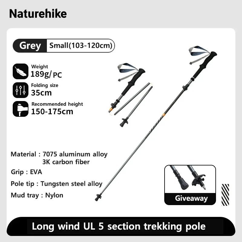 Grey Small 1 pc_Naturehike Walking Stick Ultralight Foldable 5-section Carbon Aluminium Alloy Hiking