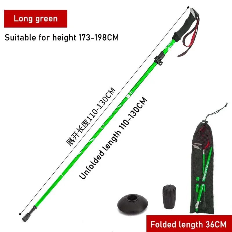 Green Long Style_Trekking Pole Folding Aluminum Alloy Ultra Light Ultra Short Telescopic Cane Outdoo