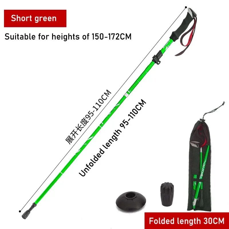 Green Short Style_Trekking Pole Folding Aluminum Alloy Ultra Light Ultra Short Telescopic Cane Outdo