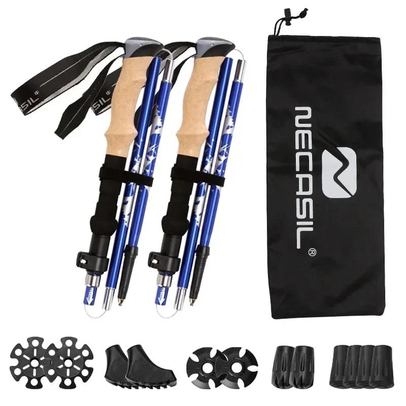 Blue_2pcs Foldable Trekking Poles Walking Stick With Quick-Lock System Lightweight Aluminum Trekking