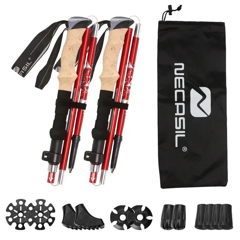 Red_2pcs Foldable Trekking Poles Walking Stick With Quick-Lock System Lightweight Aluminum Trekking 