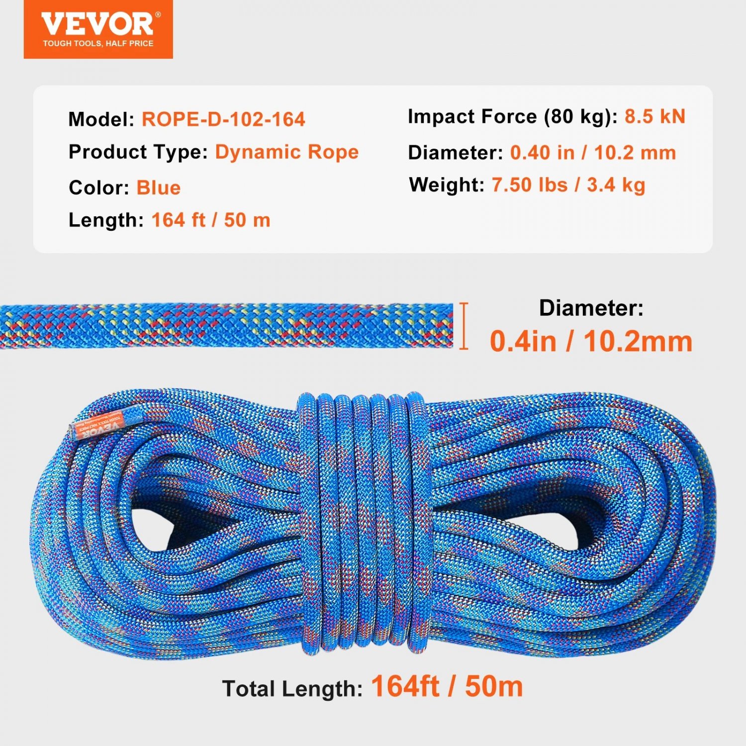 164FT 10.2MM_VEVOR 10.2mm Dynamic Climbing Rope 131-230ft Outdoor Rock Climbing Rope 25KN Breaking T