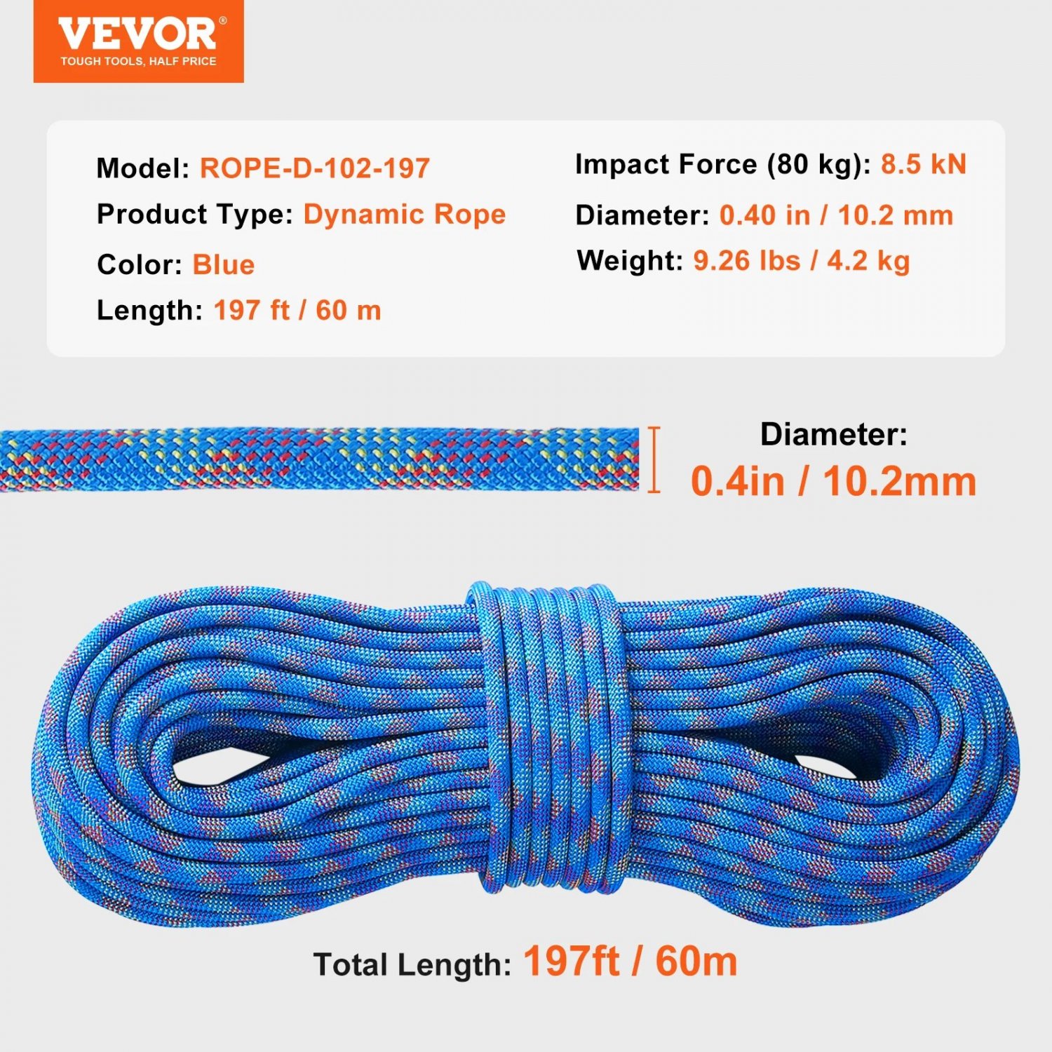 197FT 10.2MM_VEVOR 10.2mm Dynamic Climbing Rope 131-230ft Outdoor Rock Climbing Rope 25KN Breaking T
