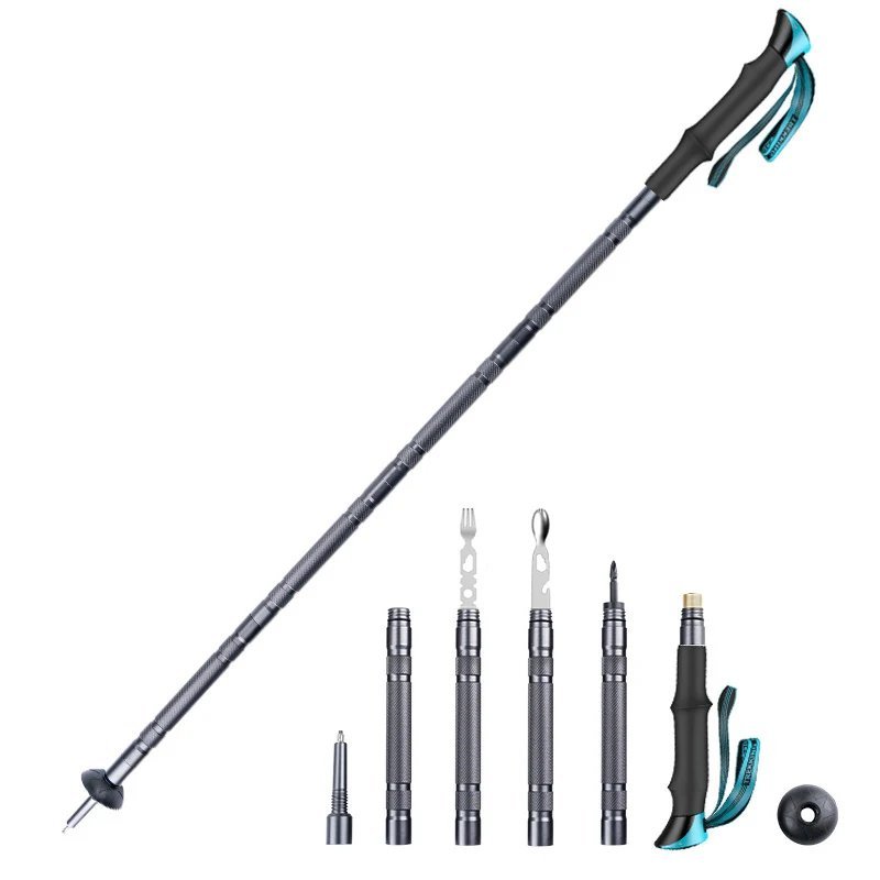 green_Multifunctional compass trekking pole walking stick folding ultra-light outdoor adventurer cam