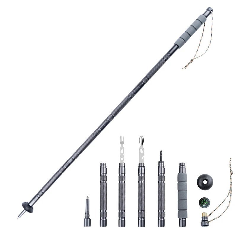 Light Grey_Multifunctional compass trekking pole walking stick folding ultra-light outdoor adventure
