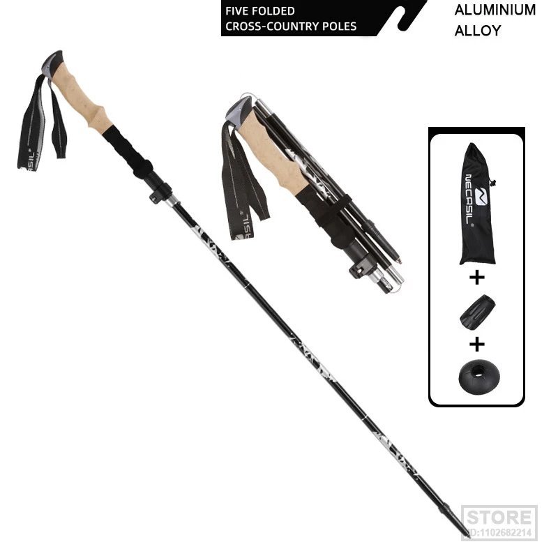 Black_Carbon Fiber 5 Section Ultralight Trekking Poles Walking Stick Trail Running Hiking Alpenstock