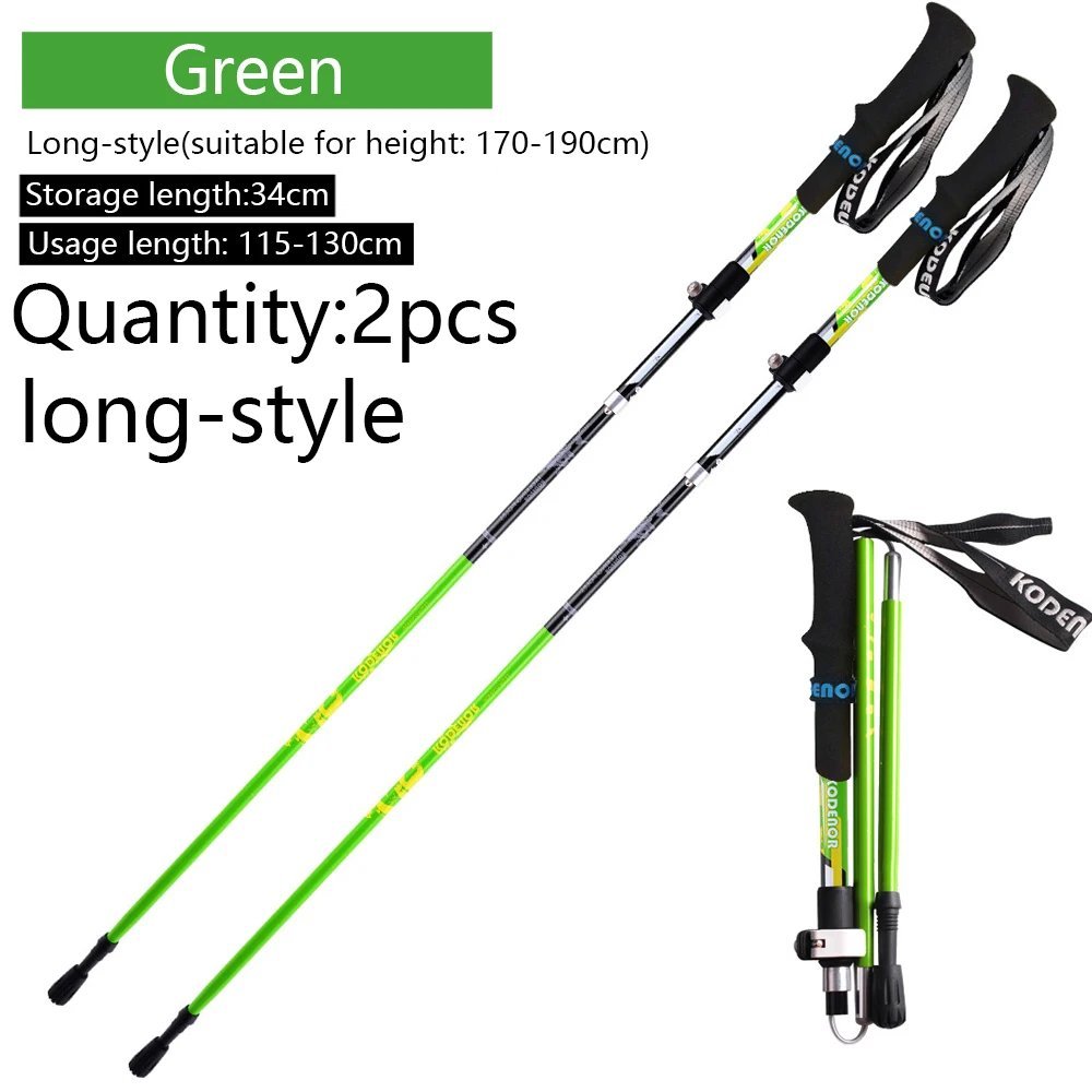 Green long 2pcs_2pcs Walking Stick Folding 5 sections Trekking Poles Carbon fiber+aluminum alloy Cru