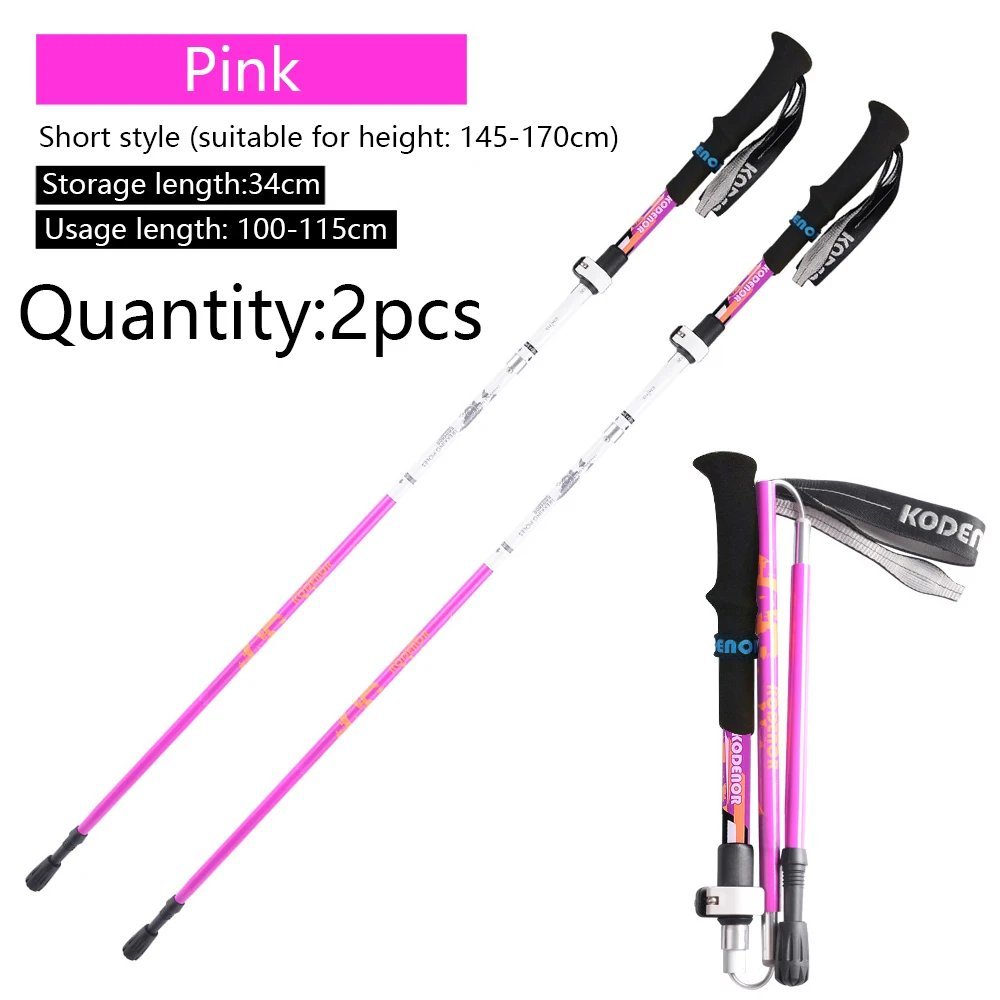 pink Short 2pcs_2pcs Walking Stick Folding 5 sections Trekking Poles Carbon fiber+aluminum alloy Cru