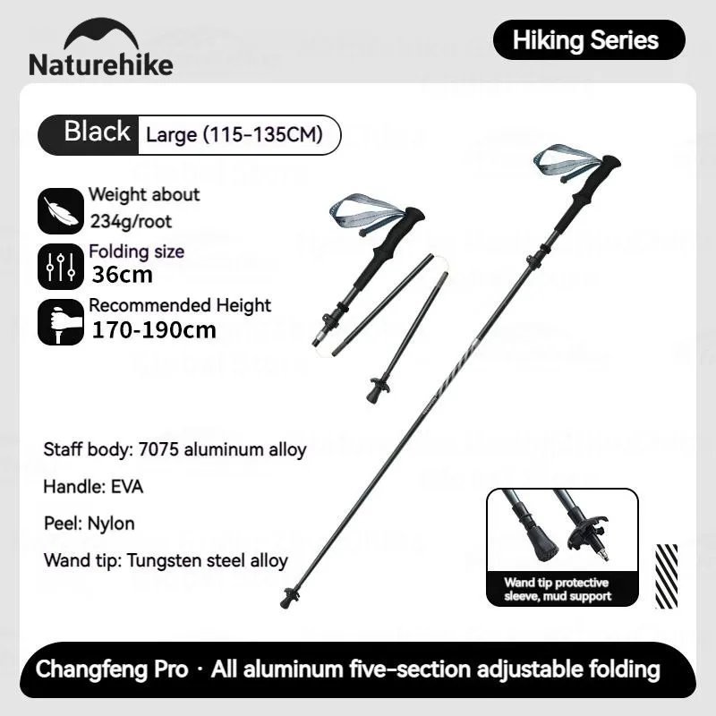 Black-Large 1pcs_Naturehike 5-Section Trekking Pole Carbon Fiber Aluminum Alloy Folding Teleskopic U