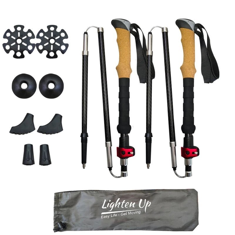 Red_2pcs Walking Stick Trekking Poles Telescopic Baton Nordic Aluminum Carbon Ski Camp Hiking Poles 