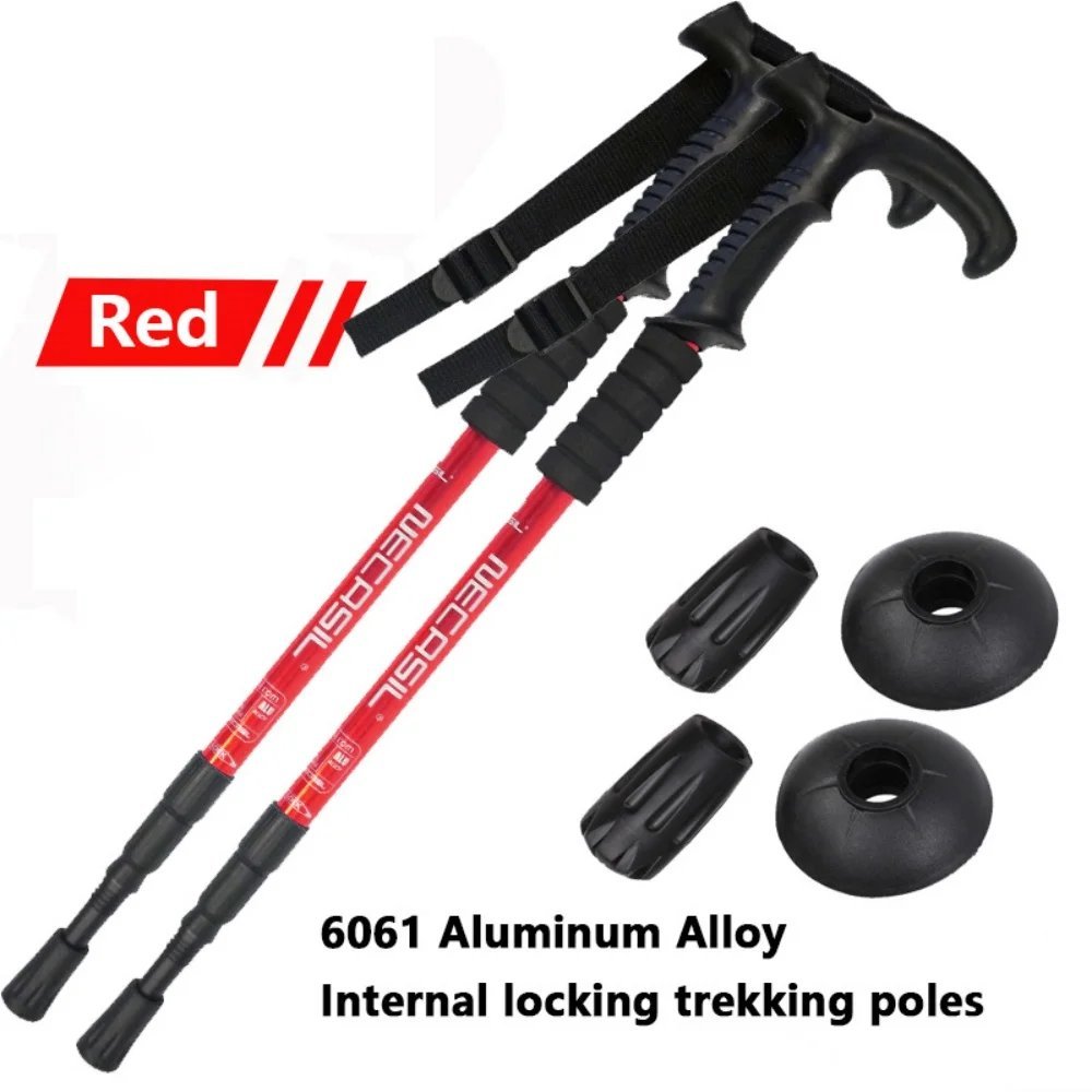 NCS-10 2x Red_NCS-10 Telescopic Trekking Poles T-handle Ultralight Adjustable Nordic Walking Sticks 
