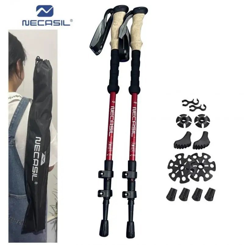 Red_Walking Trekking Poles 2pcs Carbon Fiber Collapsible Telescopic Sticks Lightweight Walking Hikin