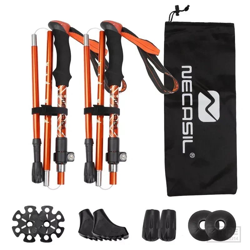 Orange_2pcs Trekking Poles Folding Hiking Stick Collapsible Hiking Poles Trekking Stick Walking Pole