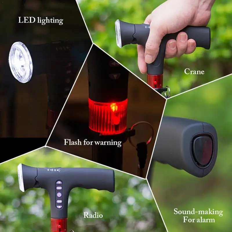 Hiking Adjustable Folding Cane With Alarm LED Light Radio And Cushionable Handle Safety Outdoor Walk