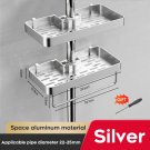 2pcs silver with rod_Aluminum Shower Shelf With Towel Rack Bathroom shelf Without Drilling Soap Sham