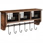Rustic Brown_Wall Mounted Shelf with Hooks & Storage Basket, 6 Hooks & Hanging Shelf, Wall