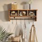 Rustic Brown_Wall Mounted Shelf with Hooks & Storage Basket, 6 Hooks & Hanging Shelf, Wall