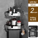 2 with Bar 22cm_Bathroom Organizer Shelf Kitchen Storage Rack Wall Mounted Shower Shelves No Drill S