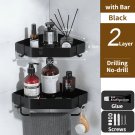 2with Bar 22cm Black_Bathroom Organizer Shelf Kitchen Storage Rack Wall Mounted Shower Shelves No Dr