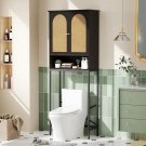 Rattan Door-black_Rattan Toilet Storage Cabinet Over the Rack Wood Cabinet with Metal Stand Bathroom