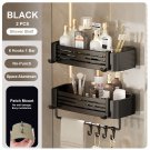 2 Pcs Black with Bar_Punch-free Bathroom Shelf for Shower Bathroom Rack Aluminum Hanging Rack with H