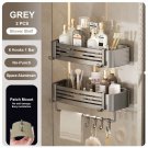 2 Pcs Grey with Bar_Punch-free Bathroom Shelf for Shower Bathroom Rack Aluminum Hanging Rack with Ho