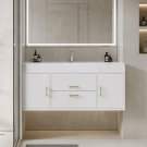 White_Floating Bathroom Vanity ,48 Inch Wall Mounted Bathrooms Vanitys with Stone Countertop and Cer