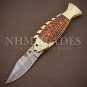 Unique Handmade Golden Fish Engraved Folding Knife Damascus Steel Blade KnifeOpe
