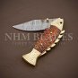 Unique Handmade Golden Fish Engraved Folding Knife Damascus Steel Blade KnifeOpe