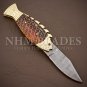 Unique Handmade Golden Fish Engraved Folding Knife Damascus Steel Blade KnifeOpe