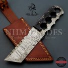 11: HAND FORGED DAMASCUS FIXED BLADE TANTO Knife with Micarta  + Leather Sheath