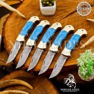 5 piece lot handmade Damascus steel blade folding pocket knife with leather cove