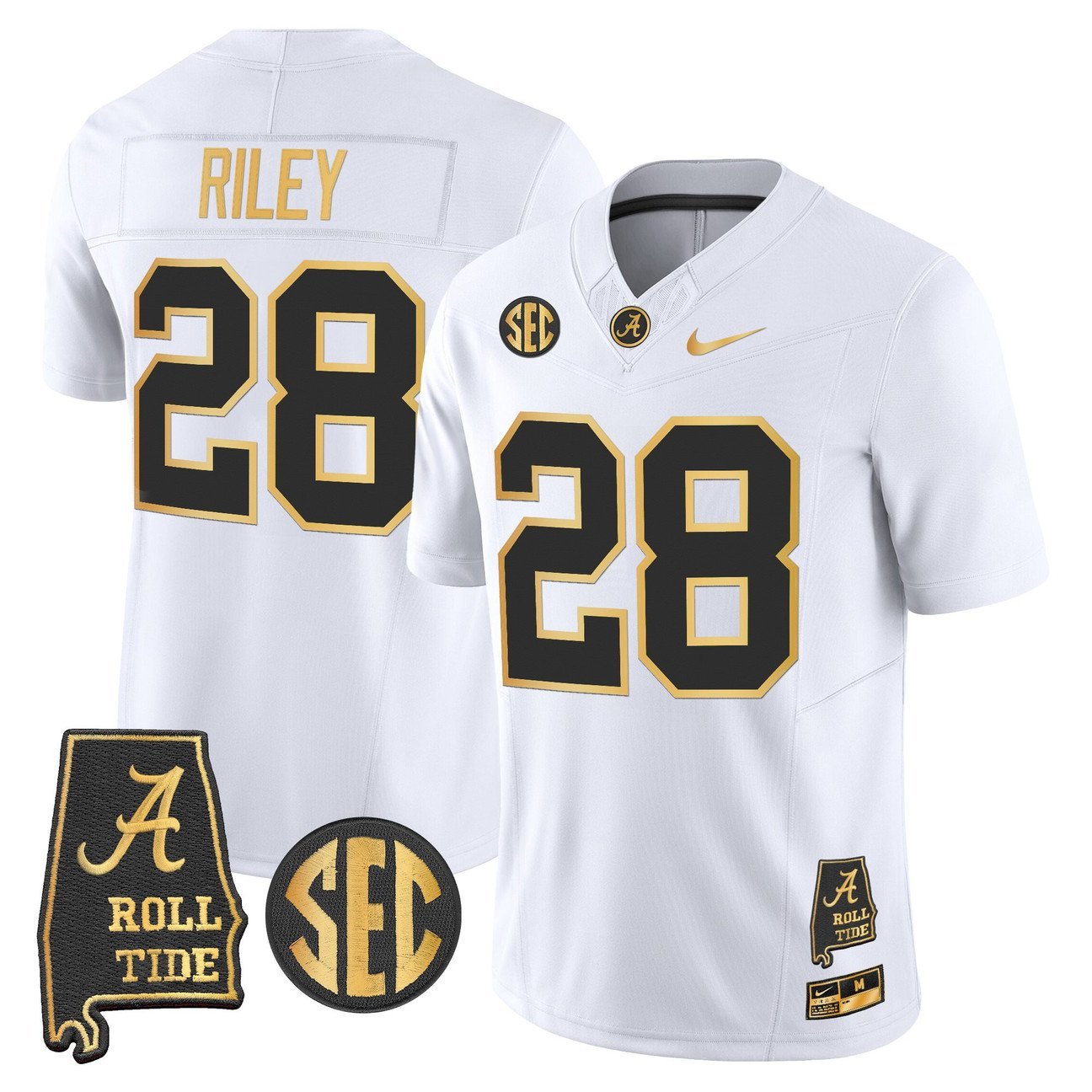 Kevin Riley Jersey #28 Alabama Crimson Tide 2025 Gold Vapor Stitched White Gold