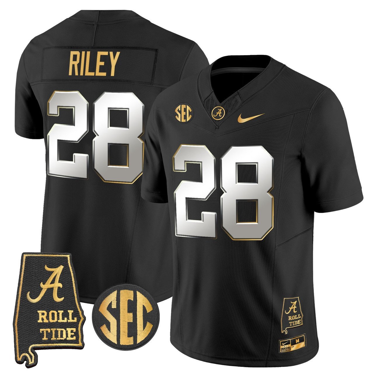 Kevin Riley Jersey #28 Alabama Crimson Tide 2025 Gold Vapor Stitched Black Limited