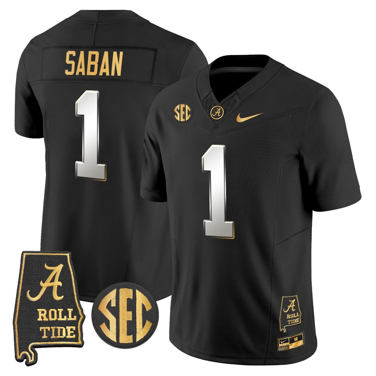 Nick Saban Jersey #1 Alabama Crimson Tide 2025 Gold Vapor Stitched Black Limited