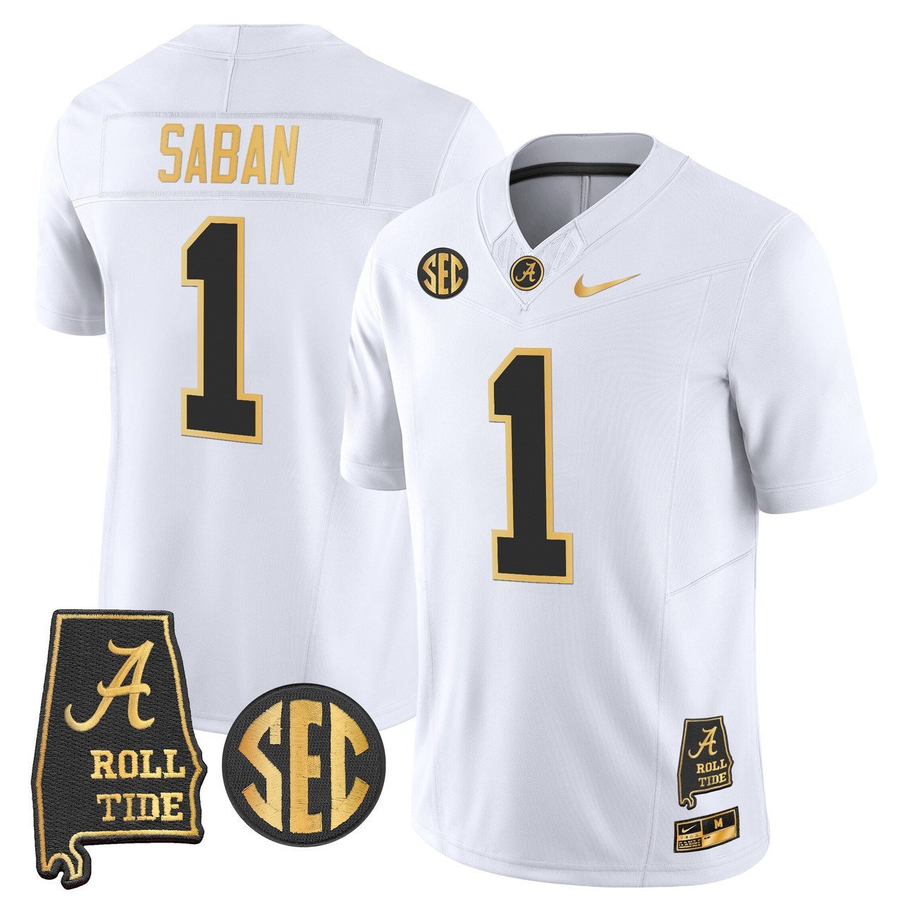 Nick Saban Jersey #1 Alabama Crimson Tide 2025 Gold Vapor Stitched White Gold