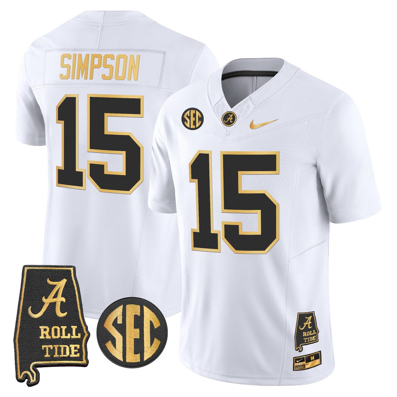 Ty Simpson Jersey #15 Alabama Crimson Tide 2025 Gold Vapor Stitched White Gold