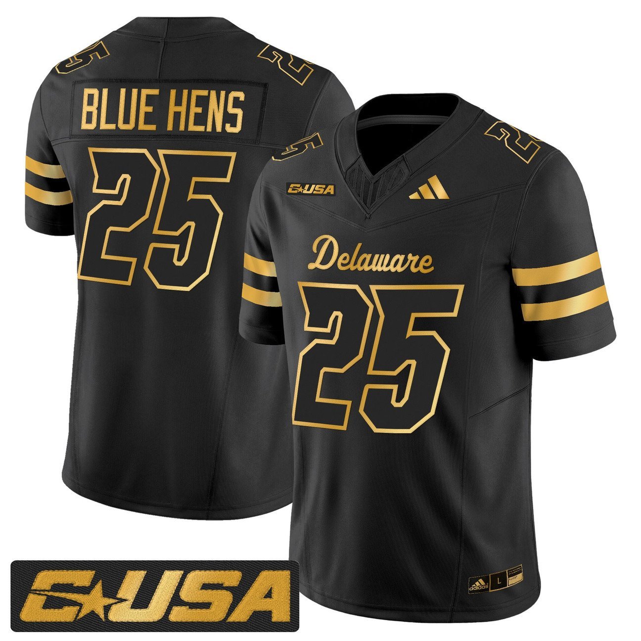 Blue Hens Jersey #25 Delaware Blue Hens 2025 Gold Vapor Stitched Black Gold