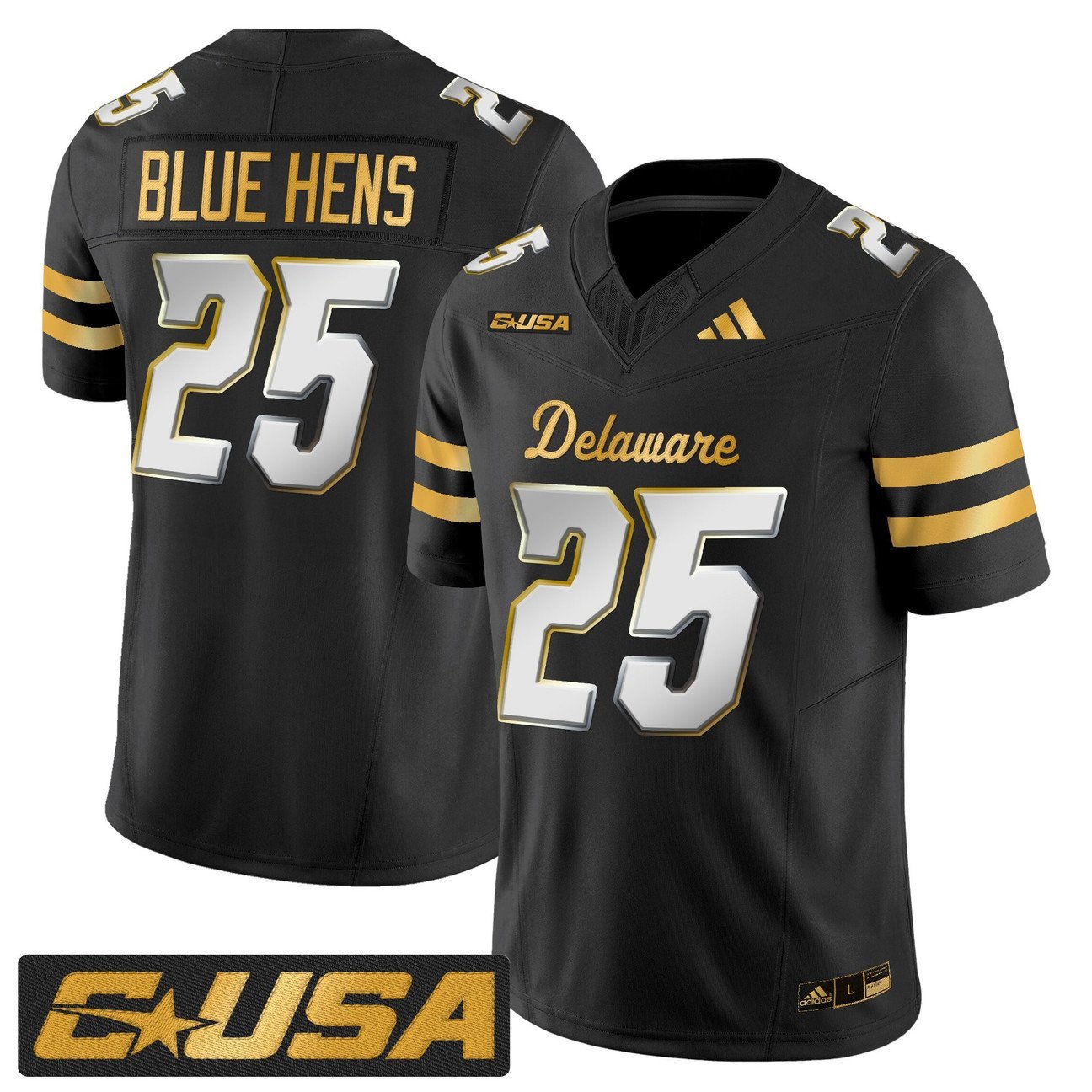 Blue Hens Jersey #25 Delaware Blue Hens 2025 Gold Vapor Stitched Black Limited