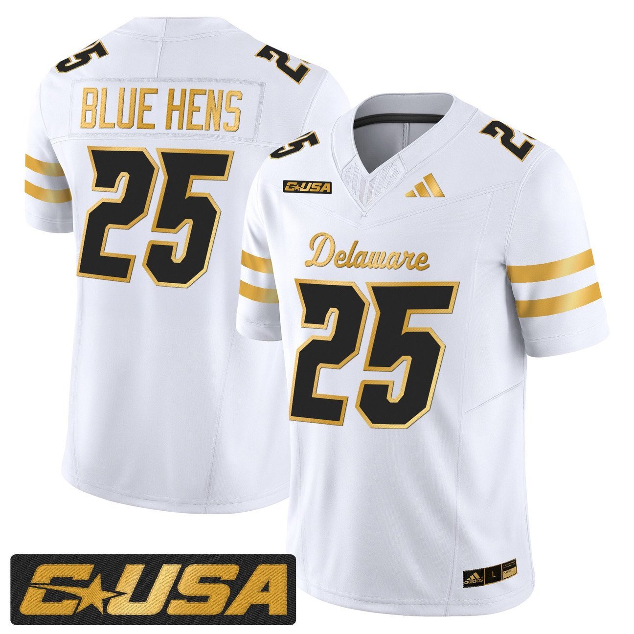 Blue Hens Jersey #25 Delaware Blue Hens 2025 Gold Vapor Stitched White Gold